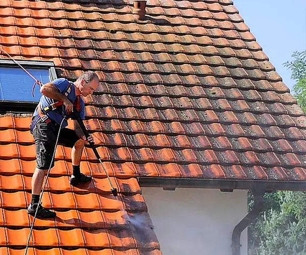 Männer beim Dachziegel reinigen